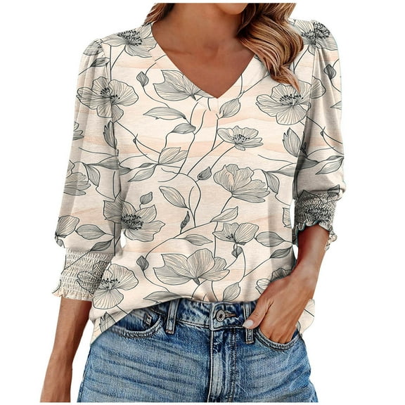 Simua Womens Fashion 3/4 Length Sleeve Smocked Cuffs Tops Floral Printed V Neck Loose Blouse Tunic T-shirt