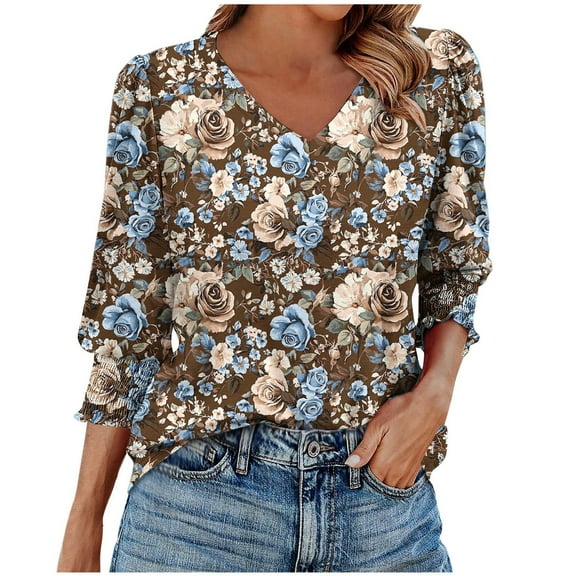 Simua Womens Fashion 3/4 Length Sleeve Smocked Cuffs Tops Floral Printed V Neck Loose Blouse Tunic T-shirt
