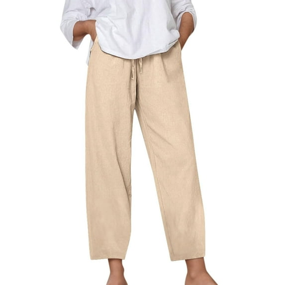 Simua Womens Linen Capri Pants Wide Leg High Waisted Drawstring Casual Cropped Pants with Pockets