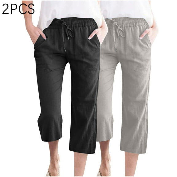 Wensltd Womens Linen Pants Drawstring Summer Wide Leg Capris for Women with Pockets 2PC