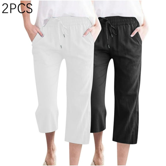 Wensltd Womens Linen Pants Drawstring Summer Wide Leg Capris for Women with Pockets 2PC