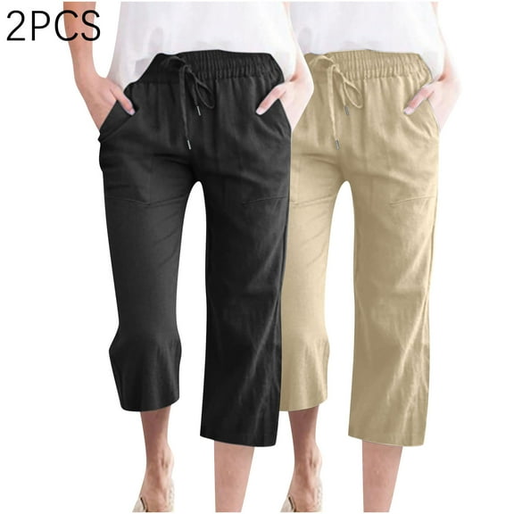 Wensltd Womens Linen Pants Drawstring Summer Wide Leg Capris for Women with Pockets 2PC