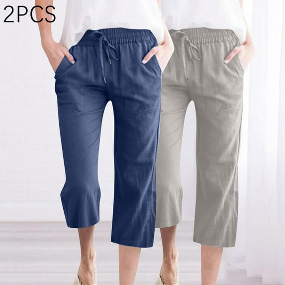 Wensltd Womens Linen Pants Drawstring Summer Wide Leg Capris for Women with Pockets 2PC