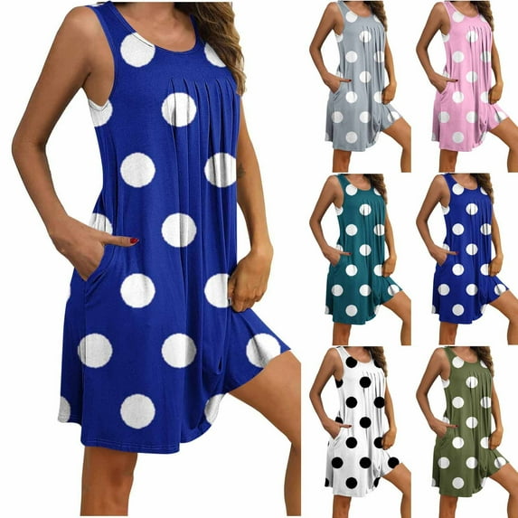 Simua Womens Nightgown with Pockets Dot Printed Sleep Shirts Sleeveless Sleepwear Pleated Front Nightshirt Round Neck Nightdress