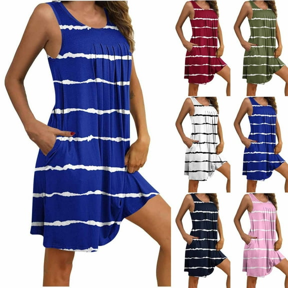 Simua Womens Nightgown with Pockets Striped Sleep Shirts Sleeveless Sleepwear Pleated Front Nightshirt Round Neck Nightdress