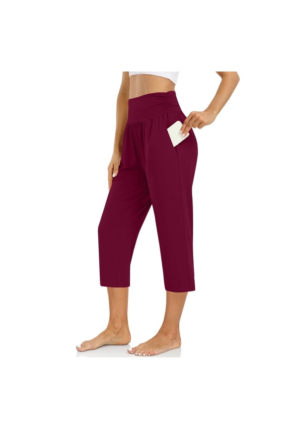 Womens Pajama Pants Straight Leg Capri Yoga Pants Lounge Comfy Pleated Cropped Trousers with Pockets