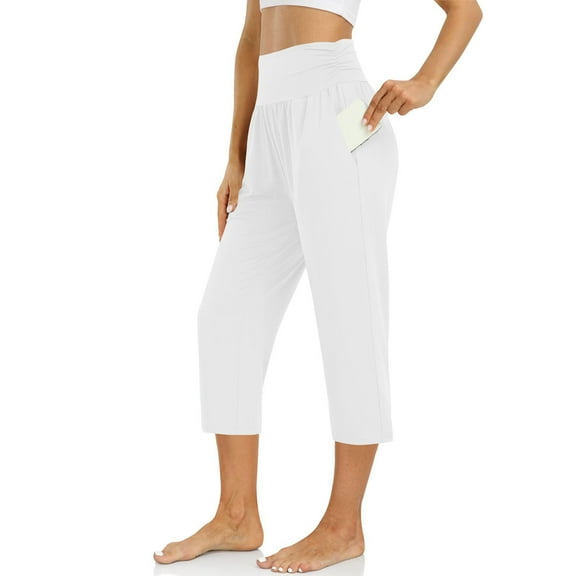 Simua Womens Pajama Pants Straight Leg Capri Yoga Pants Lounge Comfy Pleated Cropped Trousers with Pockets