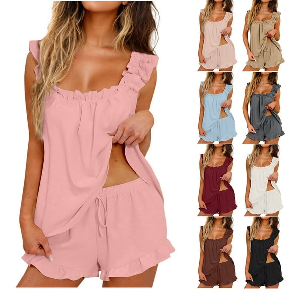Simua Womens Pajamas Set 2 Piece Ruffle Pj Soft Tank Top and Shorts Sleepwear Set Bridal Pajama for Women Set