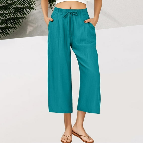 Simua Womens Palazzo Pants Casual Drawstring Flowy Pants Wide Leg Summer Beach Faux Linen Trousers with Pockets