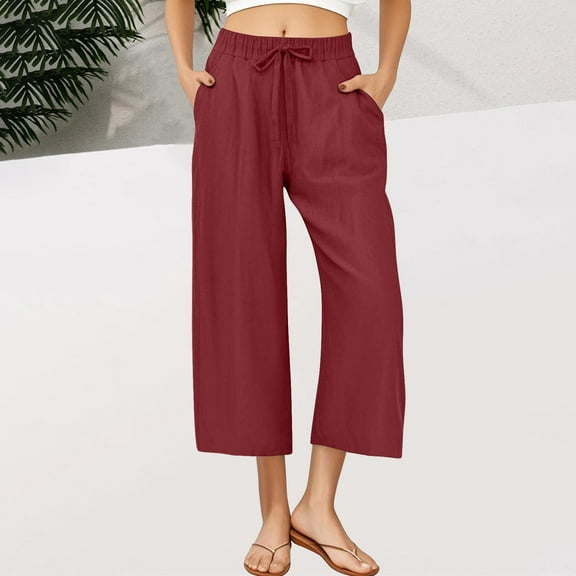 Simua Womens Palazzo Pants Casual Drawstring Flowy Pants Wide Leg Summer Beach Faux Linen Trousers with Pockets