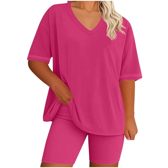 Simua Womens Plus Size Two Piece Sets Summer Outfits V Neck T-shirts and Biker Shorts Lounge Sets