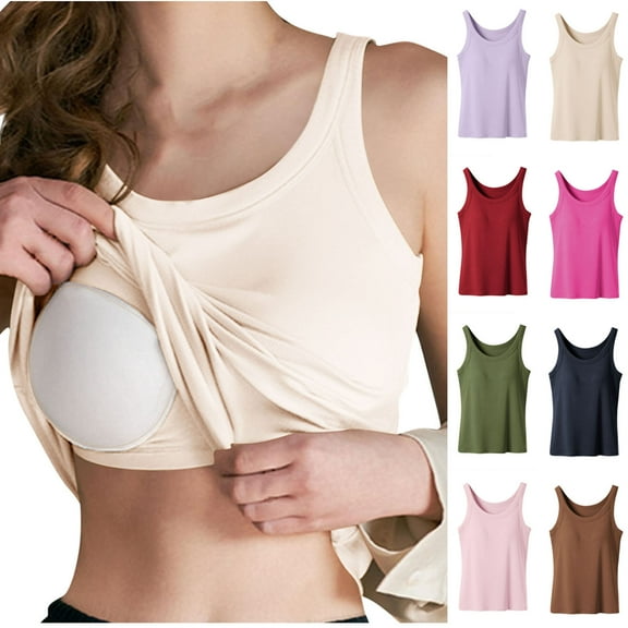 Simua Womens Ribbed Tank Tops Built in Bra Basic Tank Top Sleeveless Round Neck Undershirt Tank Top