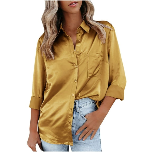Simua Womens Satin Silk Button Down Shirts Long Sleeve Blouse Casual Work Office Tops Yellow,S