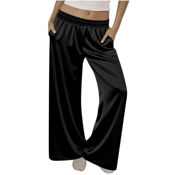 Simua Womens Silk Satin Pajamas Pants Casual Solid Color Elastic Waist Leisure Straight Vintage Trousers with Pockets