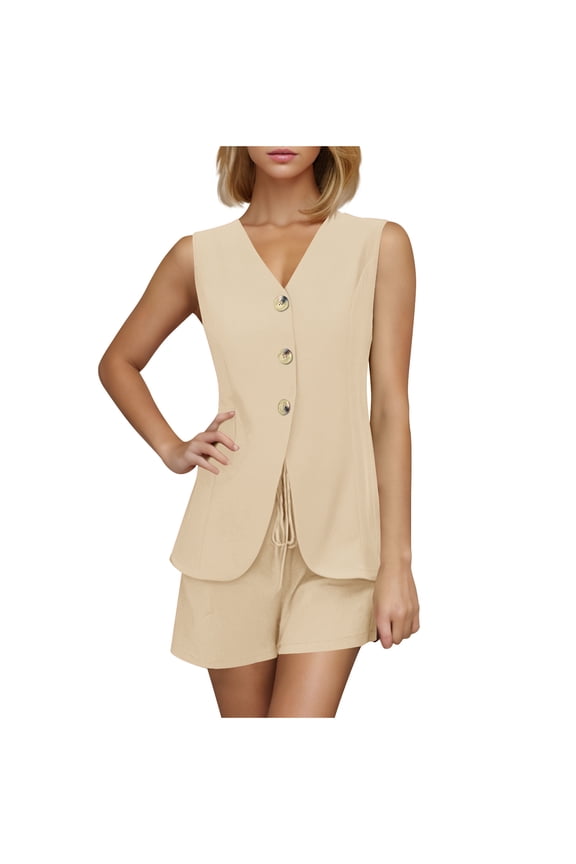 Womens Summer Blazer Vest 2 Piece Sets V Neck Sleeveless Button Down Waistcoat and High Waisted Work Suit Short Set
