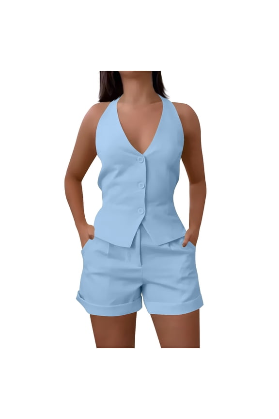 Womens Summer Blazer Vest 2 Piece Sets V Neck Sleeveless Button Down Waistcoat and High Waisted Work Suit Short Set