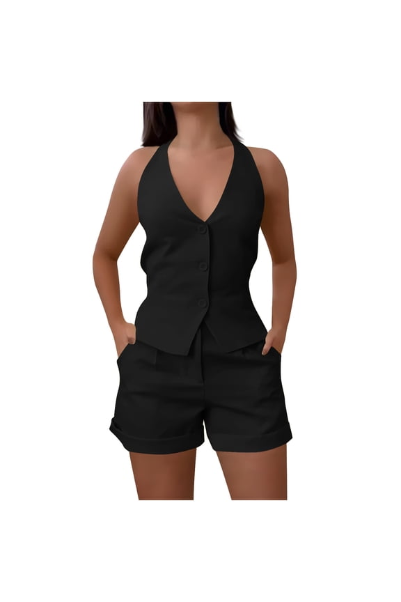 Womens Summer Blazer Vest 2 Piece Sets V Neck Sleeveless Button Down Waistcoat and High Waisted Work Suit Short Set