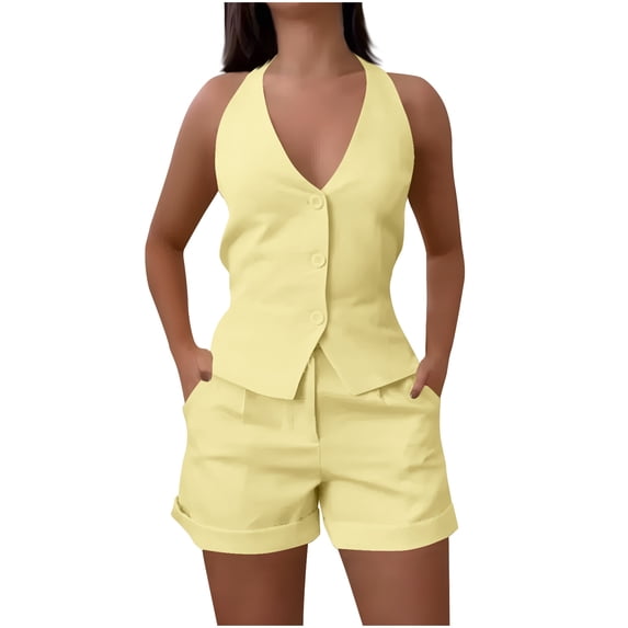 Simua Womens Summer Blazer Vest 2 Piece Sets V Neck Sleeveless Button Down Waistcoat and High Waisted Work Suit Short Set