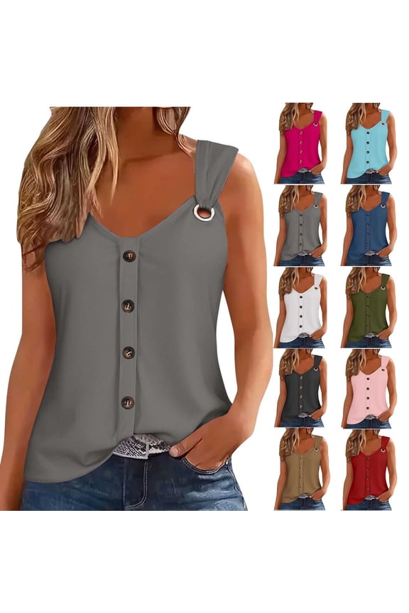 Womens Summer Tops V-Neck O Ring Shoulder Tank Tops Casual Sleeveless Button Front T-shirt Blouse