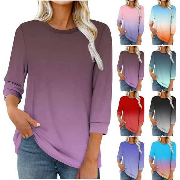 Simua Womens T Shirts 3/4 Length Sleeve Womens Tops Dressy Casual Crew Neck Gardient Color Tunic Tops