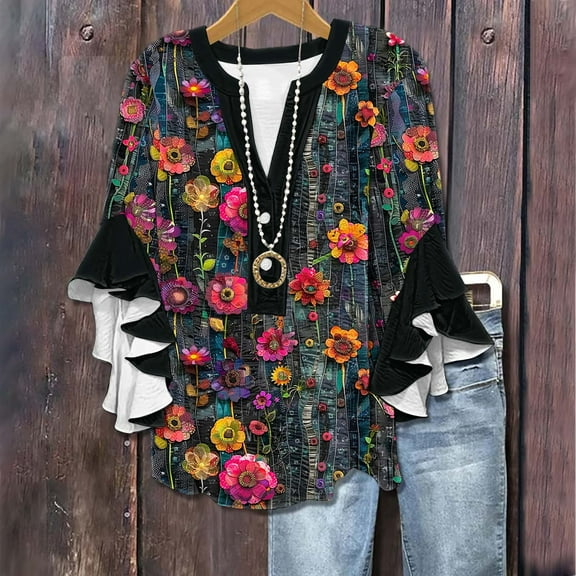 Simua Womens Tops 3/4 Ruffled Sleeve V-neck Button Casual Floral Print Loose New Shirt