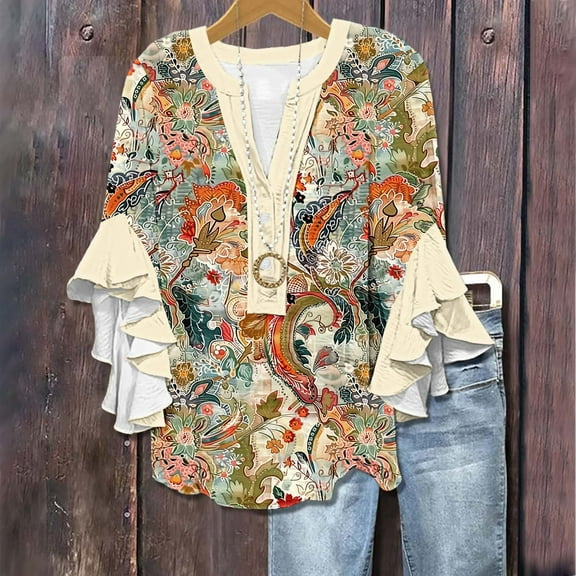 Simua Womens Tops 3/4 Ruffled Sleeve V-neck Button Casual Floral Print Loose New Shirt