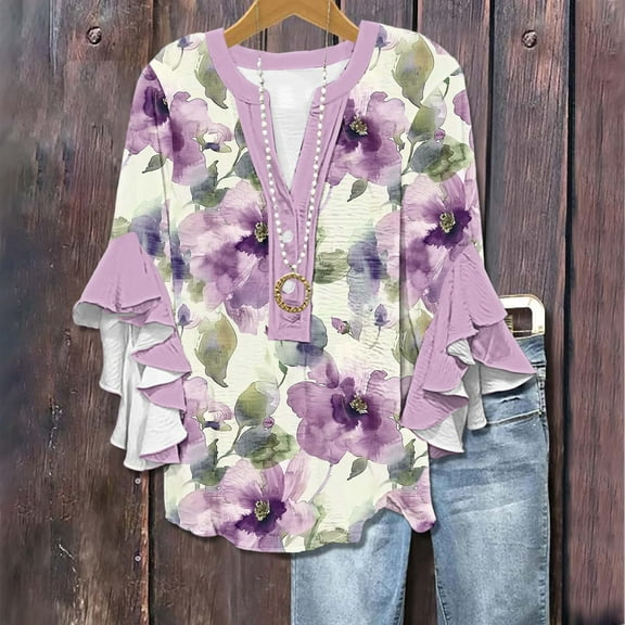 Simua Womens Tops 3/4 Ruffled Sleeve V-neck Button Casual Floral Print Loose New Shirt