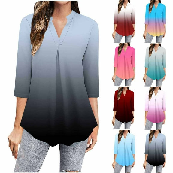 Simua Womens Tops Dressy Casual 3/4 Sleeve Blouses V Neck Gradient Color Business Work Shirts