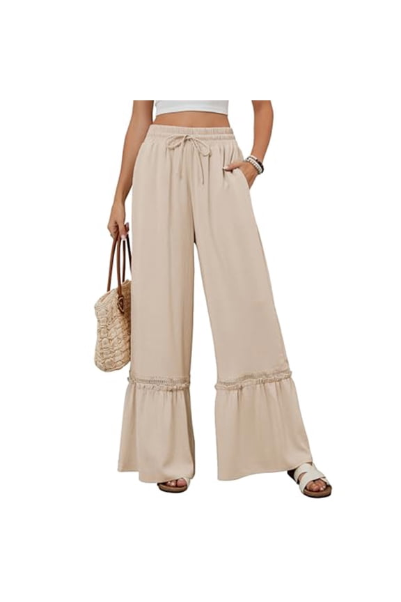 Womens Wide Leg Pants Drawstring Elastic High Waisted Ruffle Hem Solid Color Palazzo Pants with Pockets