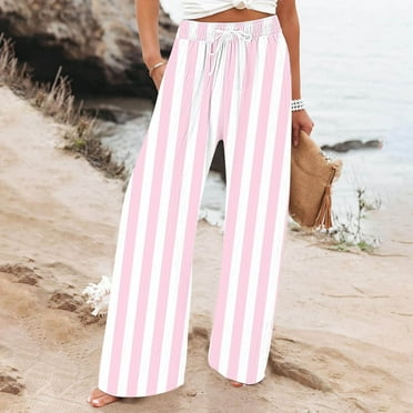 Simua Womens Wide Leg Pants High Elastic Waist Casual Striped Print Flowy Trousers Pants with Pockets