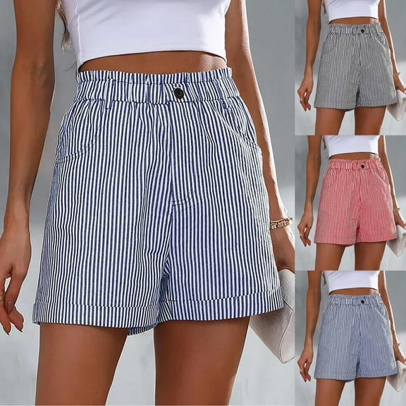 Simua Y2K Boxer Shorts for Womens Elastic Waist Striped Print Loose Fit Lounge Bottoms Cotton Linen Sleep Shorts