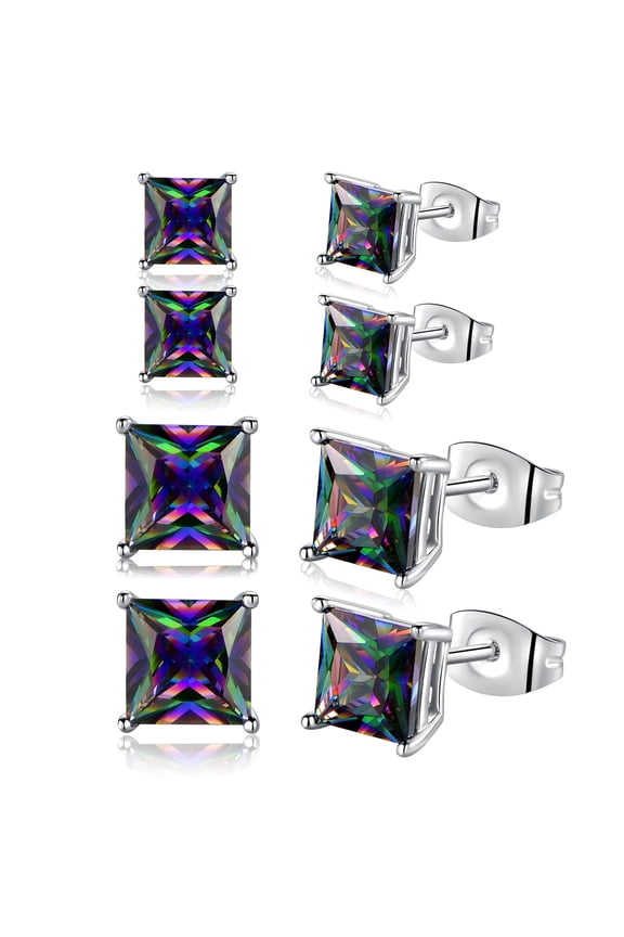 Simulate Rainbow Quartz Mystic Topaz Square Earrings Set for Women 18K White Gold Plated 4/6mm CZ Piercings Studs Earings Trendy Fashion Hypoallergenic Jewelry Packs Mens