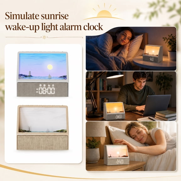 Simulate Sunrise Wake Up Light Alarm Clock, 3D Seaside Landscape Night Light Clock, Digital LED Alarm Clock with Sunrise Simulation, Multi-Functional Bedside Decor Clock for Home Office