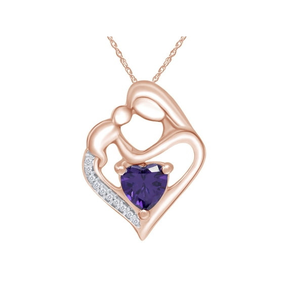 AFFY Simulated Alexandrite & White Natural Diamond Mother Heart Pendant Necklace in 14k Rose Gold Over Sterling Silver (1 1/10 Cttw)