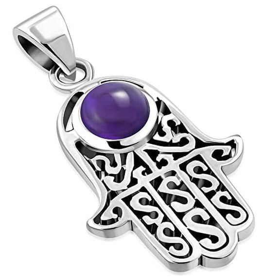 Sterling Silver Amethyst Hamsa Hand Protection Pendant Necklace