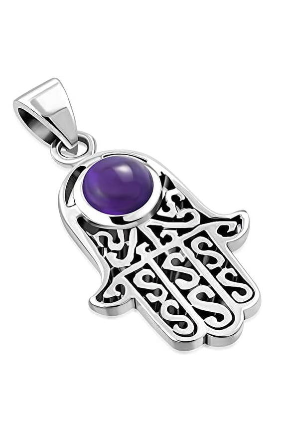 Sterling Silver Amethyst Hamsa Hand Protection Pendant Necklace