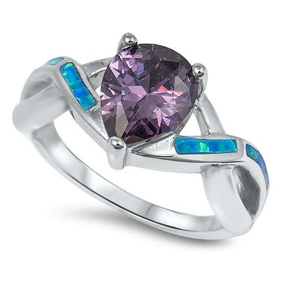 Simulated Amethyst Blue Simulated Opal Infinity Ring .925 Sterling Silver Band Purple CZ Female Size 4