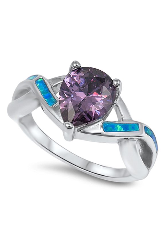 Simulated Amethyst Blue Simulated Opal Infinity Ring .925 Sterling Silver Band Purple CZ Female Size 4