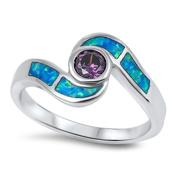 Simulated Amethyst Blue Simulated Opal Ring .925 Sterling Silver Band Purple CZ Female Size 10