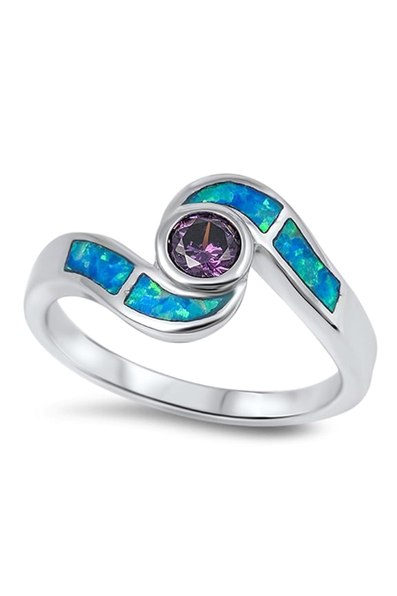 Simulated Amethyst Blue Simulated Opal Ring .925 Sterling Silver Band Purple CZ Female Size 10