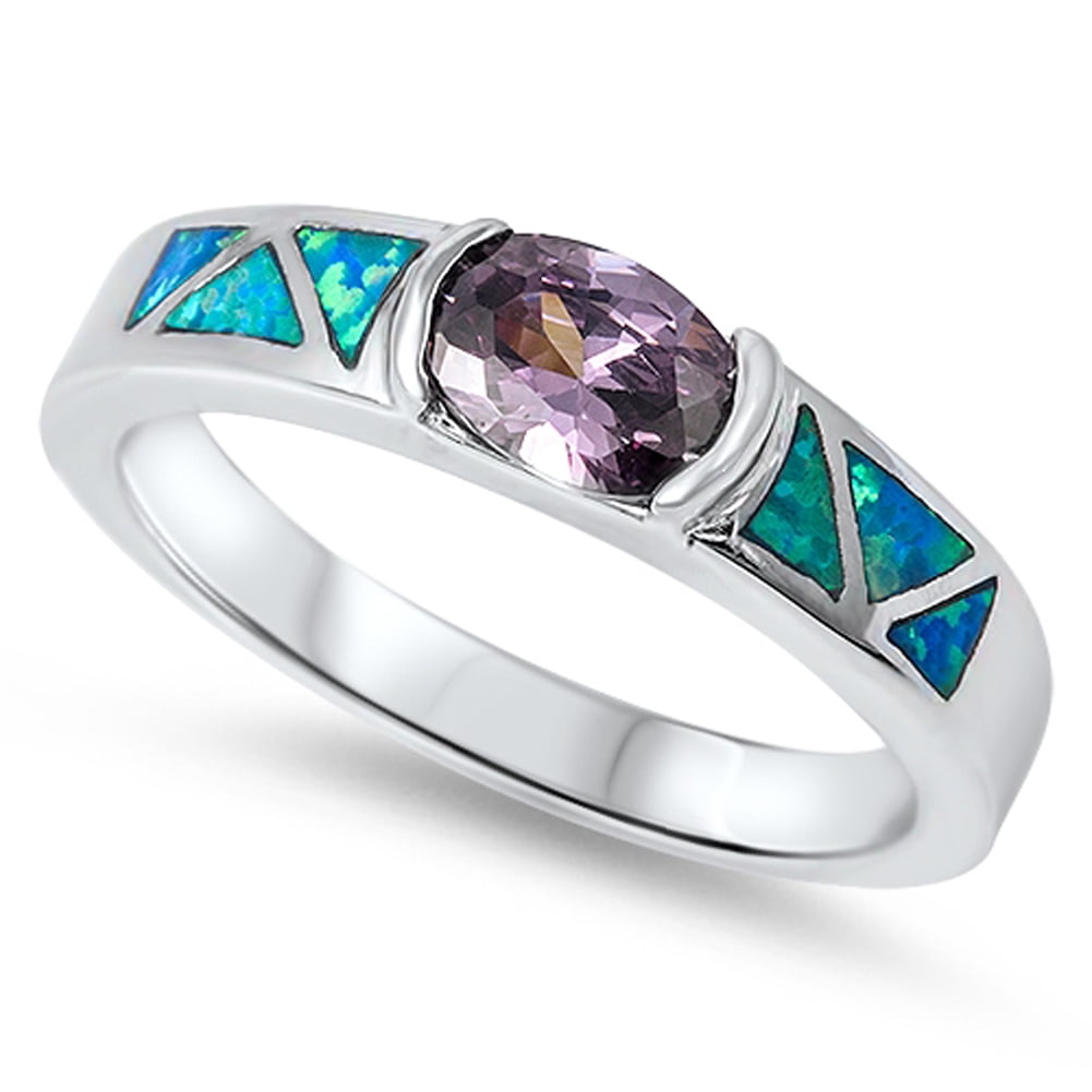 Simulated Amethyst Blue Simulated Opal Ring .925 Sterling Silver Band Purple CZ Female Size 8