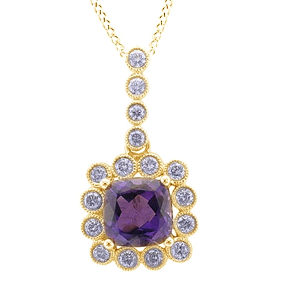 AFFY Simulated Amethyst CZ & White Natural Diamond Fashion Pendant in 10K Solid Gold (3/8 Cttw)