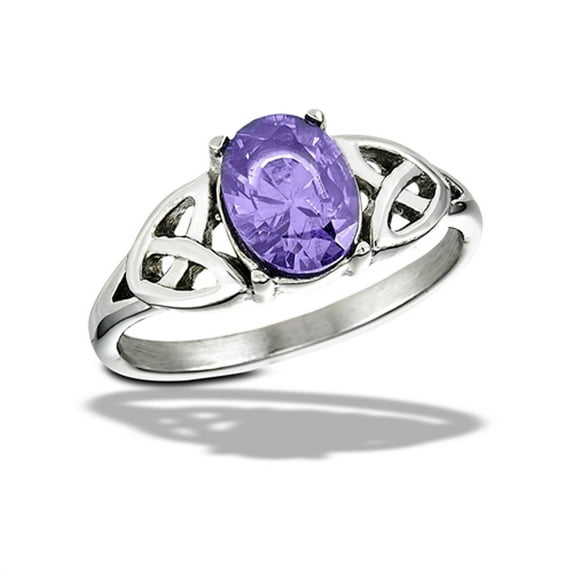 Simulated Amethyst Celtic Ring w/ Triquetras Stainless Steel Band Purple CZ Female Size 6