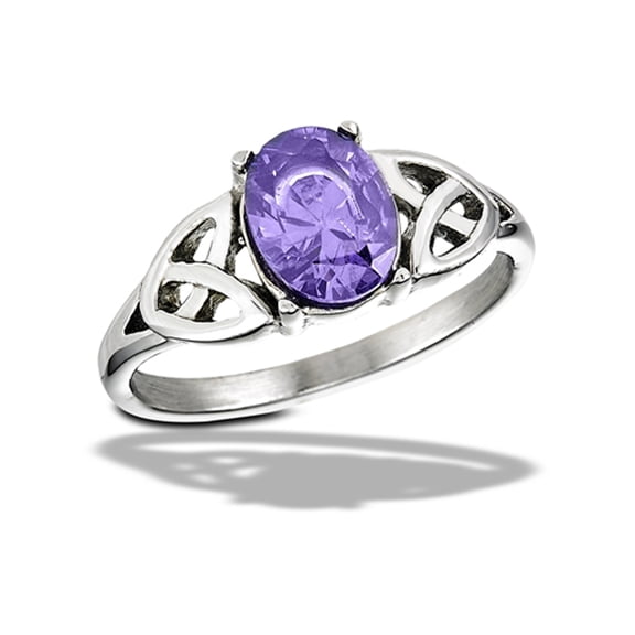 Simulated Amethyst Celtic Ring w/ Triquetras Stainless Steel Band Purple CZ Female Size 7