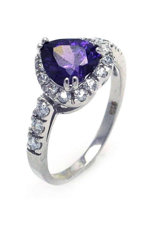 Simulated Amethyst Center Clear Cluster Cubic Zirconia Heart Ring Rhodium Plated Sterling Silver Size 8