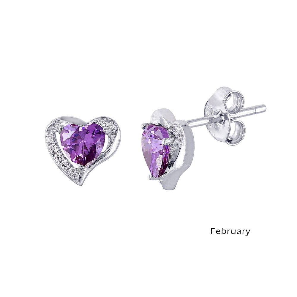 Simulated Amethyst Cubic Zirconia February Birthstone Heart Earrings Rhodium Plated Sterling Silver