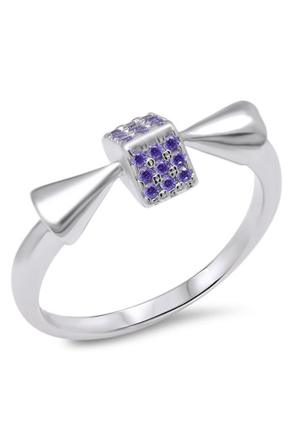 Simulated Amethyst Cubic Zirconia Pave Cube Design Ring Sterling Silver 925