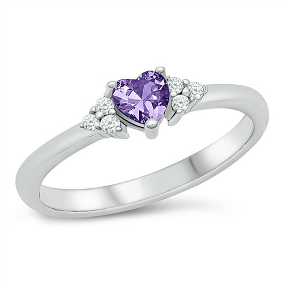 Simulated Amethyst Cubic Zirconia Triple Sides Heart Promise Ring Sterling Silver Size 9