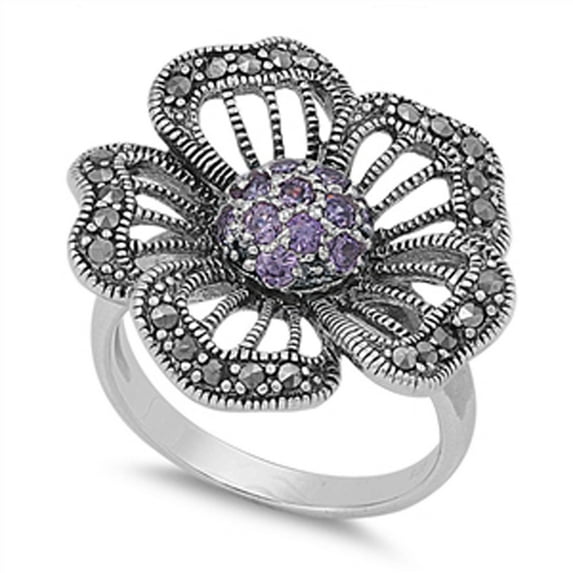 Simulated Amethyst Flower Rope Cluster Ring .925 Sterling Silver Band Purple CZ Female Size 8