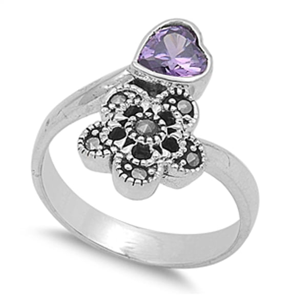 Simulated Amethyst Heart Flower Love Ring .925 Sterling Silver Band Purple CZ Female Size 6
